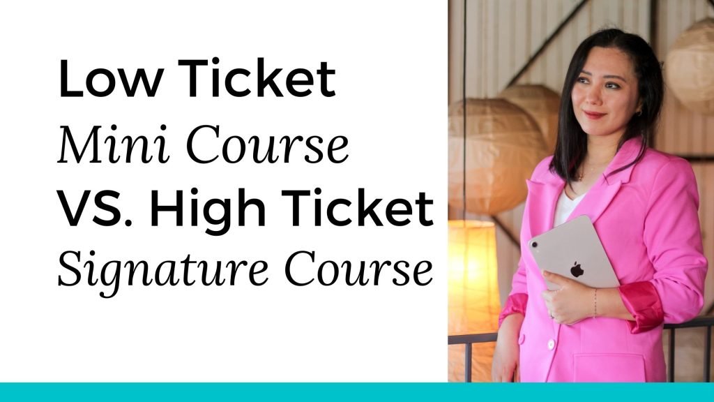 Split-screen graphic illustrating the comparison between a low-ticket mini-course and a high-ticket signature course, showing different pricing tiers and value propositions